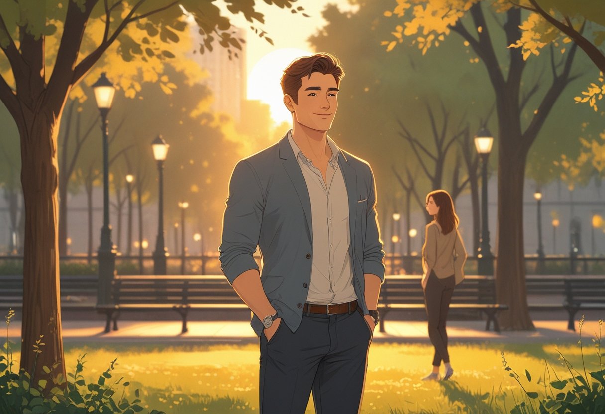 A confident man standing alone in a park with warm sunlight, while a woman looks at him admiringly from a distance.