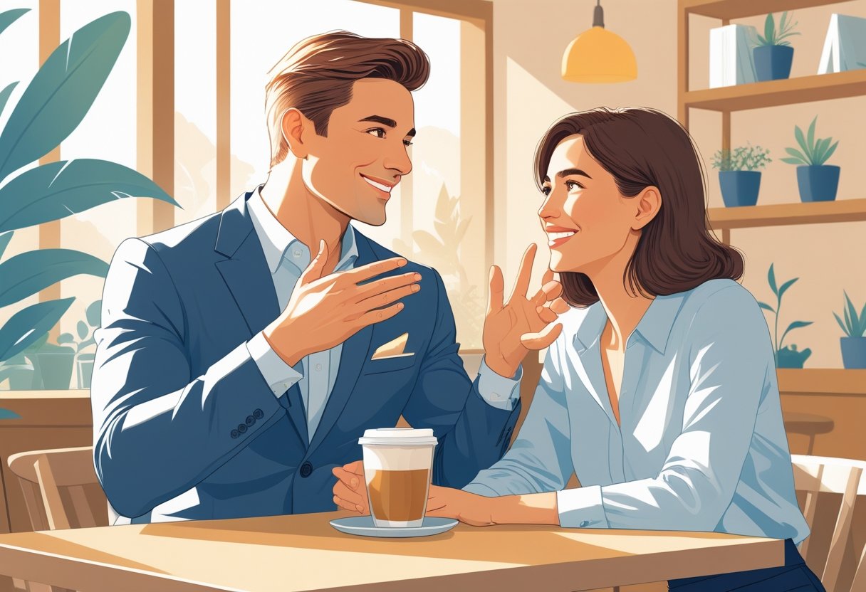 A man and a woman sitting in a café, engaged in a friendly and attentive conversation.