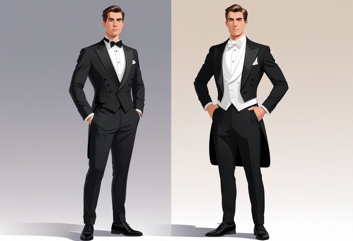 Two men standing side by side, one wearing a black tuxedo and the other wearing a black tailcoat with white bow tie and waistcoat, illustrating formal evening attire differences.