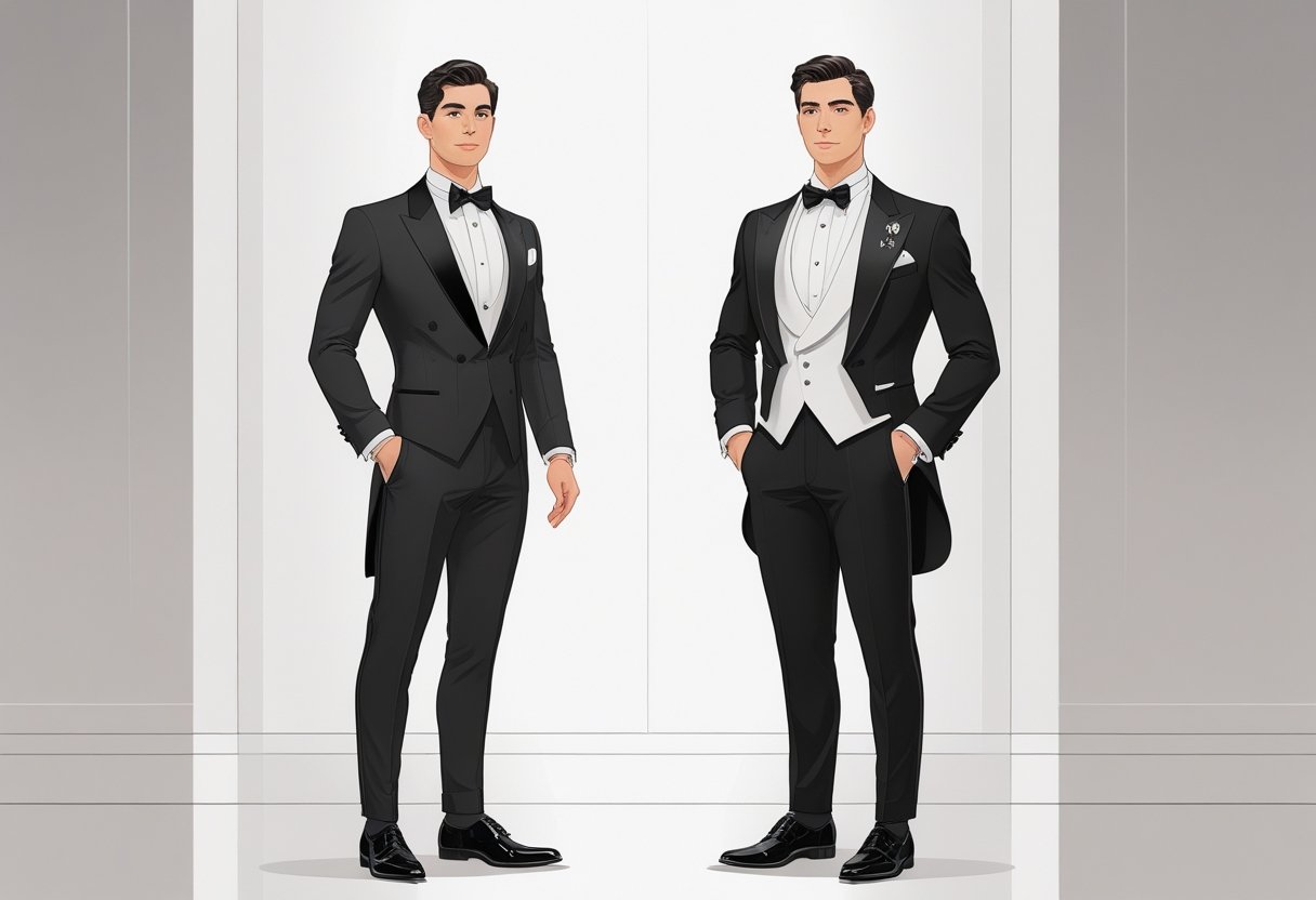 Two men standing side by side wearing formal evening attire, one in a black tuxedo and the other in a black tailcoat with white bow tie and waistcoat.