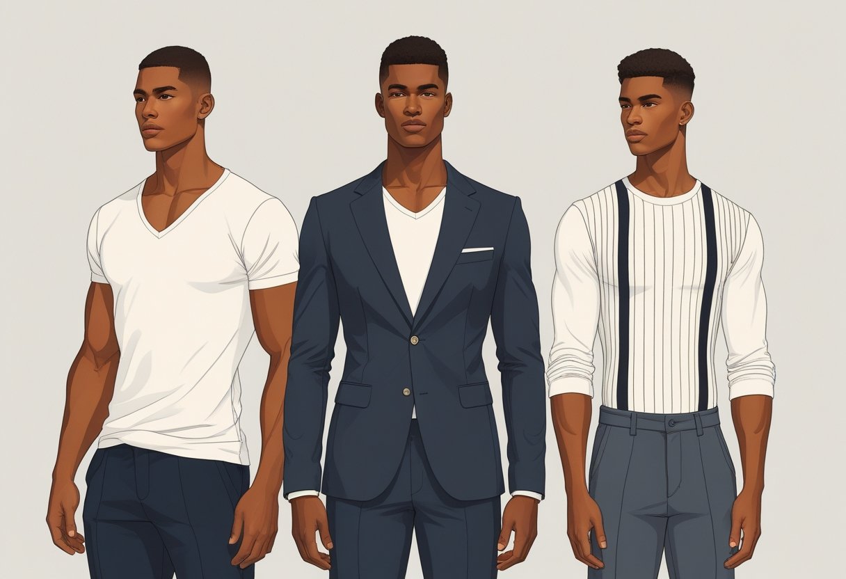 Three men standing side by side, each with different body types—athletic, slim, and broad shoulders—wearing outfits suited to their shapes.