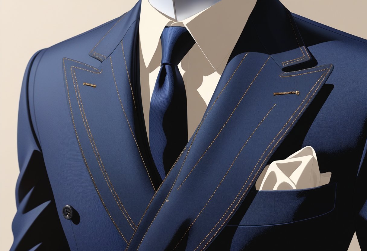 Close-up view of a well-tailored men's suit jacket highlighting stitching, buttons, and fit details on a mannequin or model.