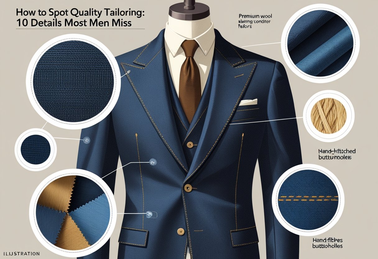 Close-up of a tailored men's suit jacket on a mannequin with detailed views of fabric texture, stitching, and tailoring tools around it.